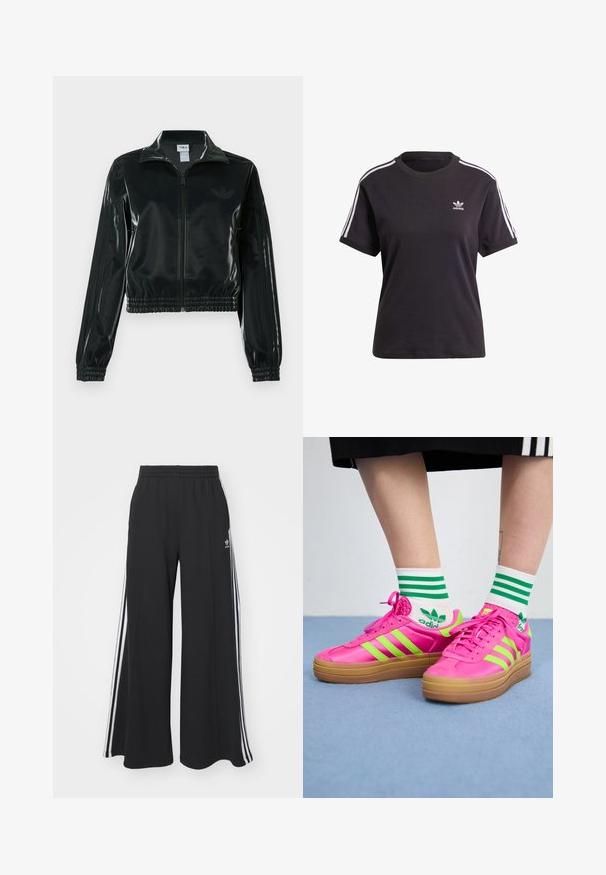 Casaco curto preto brilhante com fecho de correr frontal, gola alta e bainha elástica. Apresenta três riscas nas mangas e um pequeno logotipo no peito.; T-shirt preto de algodão de mangas curtas com gola redonda, apresentando riscas brancas nos ombros e um pequeno logotipo branco da Adidas no peito.; Calças de suor largas e pretas com uma cintura elástica, apresentando riscas brancas nas laterais e um logótipo bordado na coxa esquerda.; Ténis rosa brilhante com riscas verdes, sola de borracha e parte superior texturizada. Usados com meias brancas com riscas verdes e um logótipo.
