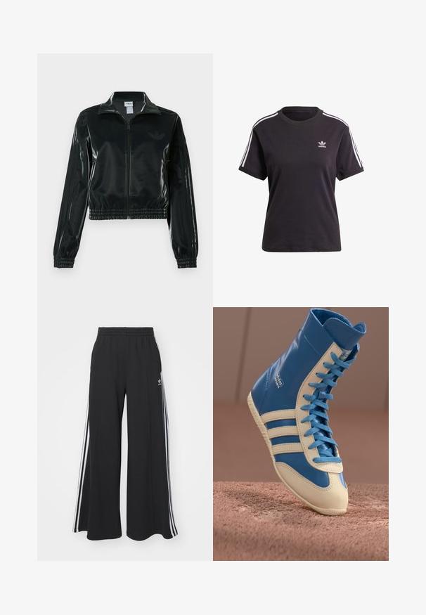 Casaco curto preto brilhante com fecho de correr frontal, gola alta e bainha elástica. Apresenta três riscas nas mangas e um pequeno logotipo no peito.; T-shirt preto de algodão de mangas curtas com gola redonda, apresentando riscas brancas nos ombros e um pequeno logotipo branco da Adidas no peito.; Calças de suor largas e pretas com uma cintura elástica, apresentando riscas brancas nas laterais e um logótipo bordado na coxa esquerda.; Sneaker de cano alto em pele azul e creme, com uma sola texturizada, cordões em contraste e três riscas características de lado.