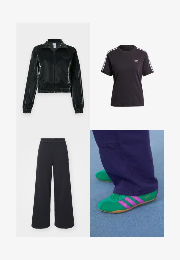 Casaco curto preto brilhante com fecho de correr frontal, gola alta e bainha elástica. Apresenta três riscas nas mangas e um pequeno logotipo no peito.; T-shirt preto de algodão de mangas curtas com gola redonda, apresentando riscas brancas nos ombros e um pequeno logotipo branco da Adidas no peito.; Calças de fato largas, pretas, feitas de tecido macio, com uma cintura elástica e um pequeno logótipo do lado esquerdo.; Ténis desportivos em camurça verde e roxa com três riscas de destaque e sola de borracha, combinados com calças roxas, sobre uma superfície azul suave.