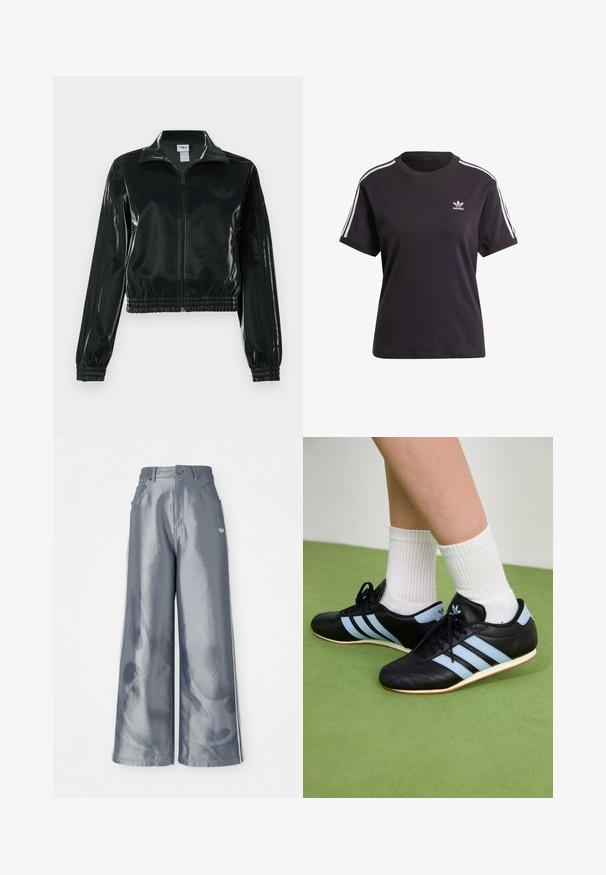 Fekete, fényes rövidített dzseki cipzárral az elején, magas gallérral és elasztikus szegéllyel. Három csík díszíti az ujjakat, és kis logó található a mellrészen.; Fekete pamut, rövid ujjú póló kerek nyakkal, fehér csíkokkal a vállakon és egy kis fehér Adidas logóval a mellkasán.; Fényes szürke anyagú, bőszárú nadrág, fehér oldalsávokkal és lángmintával az alsó lábakon. Gombos és cipzáras záródás a deréknál.; Fekete bőr sportcipők világoskék csíkokkal, texturált felsőrésszel és gumitalppal, fehér bordázott zoknival kombinálva, zöld padlón.