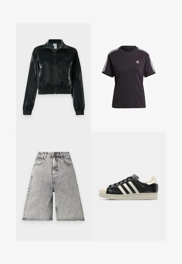 Casaco curto preto brilhante com fecho de correr frontal, gola alta e bainha elástica. Apresenta três riscas nas mangas e um pequeno logotipo no peito.; T-shirt preto de algodão de mangas curtas com gola redonda, apresentando riscas brancas nos ombros e um pequeno logotipo branco da Adidas no peito.; Bermudas de ganga num padrão de lavagem ácida preto e cinza, com cintura alta, passantes para cinto e cinco bolsos. As bordas estão acabadas.; Sapatilha de couro preto com riscas brancas, biqueira de borracha, atacadores pretos e sola na cor creme. Textura suave com acabamento brilhante.