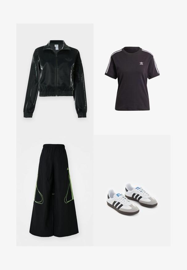 Jachetă neagră lucioasă, scurtă, cu fermoar frontal, guler înalt și tiv elastic. Are trei dungi pe mâneci și un mic logo pe piept.; Tricou scurt din bumbac negru, cu mânecă scurtă și guler rotund, având dungi albe pe umeri și un mic logo Adidas alb pe piept.; adidas Originals TEAMGEIST ADICOLOR OVERSIZED - Pantaloni de trening - black/signal green; Încălțăminte sport cu un superior din piele albă, vârf din suede gri și trei dungi negre. Prezintă un logo albastru pe limbă și o talpă din cauciuc texturat.