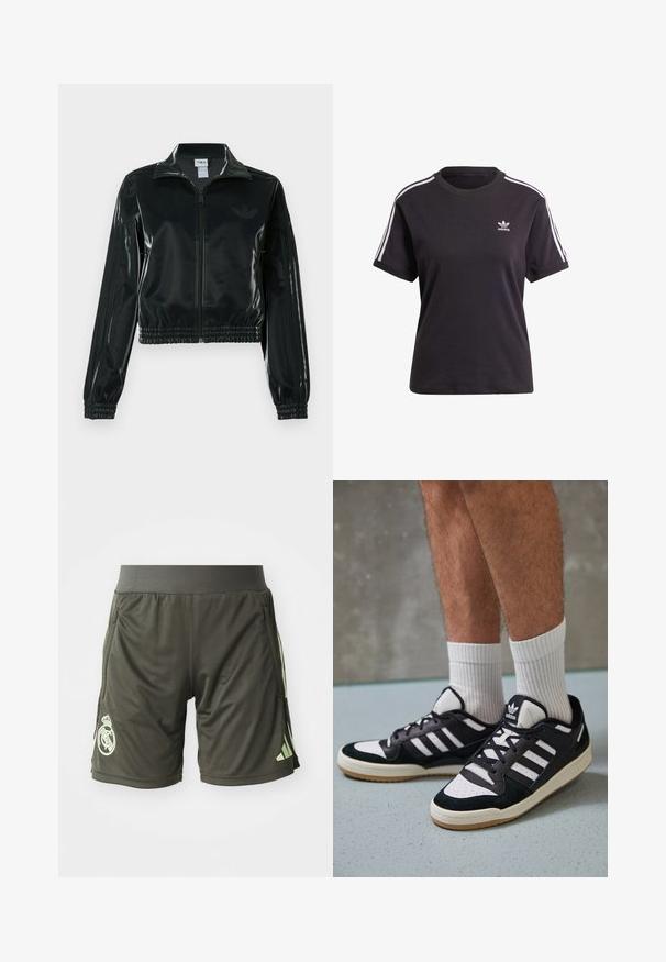 Jachetă neagră lucioasă, scurtă, cu fermoar frontal, guler înalt și tiv elastic. Are trei dungi pe mâneci și un mic logo pe piept.; Tricou scurt din bumbac negru, cu mânecă scurtă și guler rotund, având dungi albe pe umeri și un mic logo Adidas alb pe piept.; Șorturi sportive verde închis cu un elastic la talie, având buzunare laterale și un logo verde deschis pe partea inferioară a piciorului stâng.; Adidași negri și albi cu un superior din suede și piele, prevăzuți cu trei dungi albe, un vârf perforat și o talpă din cauciuc caramel.