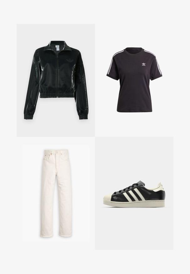 Casaco curto preto brilhante com fecho de correr frontal, gola alta e bainha elástica. Apresenta três riscas nas mangas e um pequeno logotipo no peito.; T-shirt preto de algodão de mangas curtas com gola redonda, apresentando riscas brancas nos ombros e um pequeno logotipo branco da Adidas no peito.; Jeans de denim branco com um design de perna reta, estilo de cinco bolsos e detalhes em hardware cobre. Acabamento com bainha crua nos tornozelos.; Sapatilha de couro preto com riscas brancas, biqueira de borracha, atacadores pretos e sola na cor creme. Textura suave com acabamento brilhante.