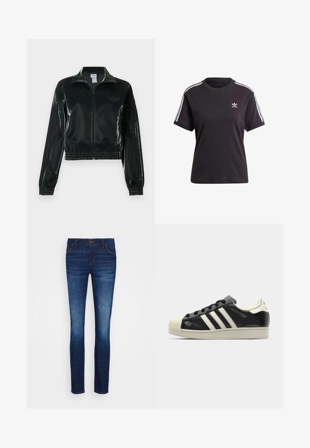 Juoda blizgi trumpa striukė su užtrauktuku priekyje, aukštu apykakliu ir elastine apačia. Rankovėse trys dryžiai ir mažas logotipas ant krūtinės.; Juodas medvilninis trumpa rankovėmis marškinėliai su apvalia iškirpte, su baltais dryžiais ant pečių ir maža balta Adidas logo ant krūtinės.; Tamsiai mėlynos džinsinės kelnės su lieknu siluetu, penkių kišenių dizainu ir sagčių uždarymu. Yra subtilių nusidėvėjimo požymių ir kontrastingos spalvos siūlės akcentai.; Juodi odiniai sportiniai bateliai su baltais dryžiais, guminis toe kapas, juodi raišteliai ir kreminis padas. Lygus pavirčius su blizgiu finišu.