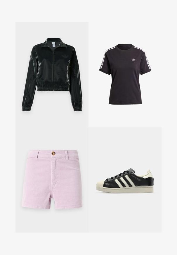 Black glossy cropped jacket with a zip front, high collar, and elasticized hem. Features three stripes on sleeves and a small logo on the chest.; Black cotton short-sleeve t-shirt with round neck, featuring white stripes on shoulders and a small white Adidas logo on the chest.; Light lavender corduroy shorts with a button closure, featuring a textured ribbed design and front pockets, cut above the thigh.; Black leather sneaker with white stripes, rubber toe cap, black laces, and a cream-colored outsole. Smooth texture with shiny finish.