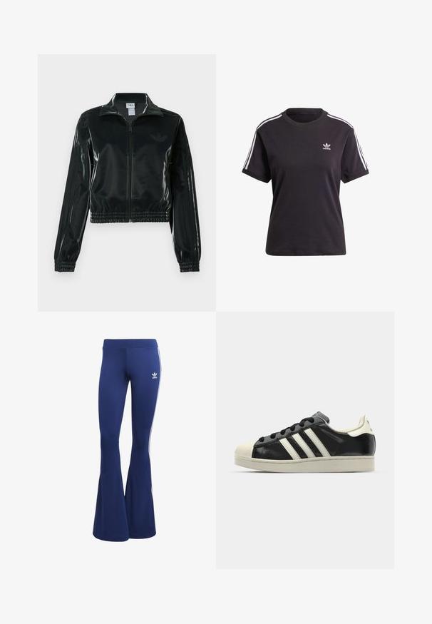Musta kiiltävä lyhyt takki vetoketjulla, korkealla kauluksella ja joustavalla helmalla. Hihoissa on kolme raitaa ja rinnassa pieni logo.; Musta puuvillainen lyhythihainen t-paita pyöreällä kauluksella, jossa on valkoiset raidat olkapäillä ja pieni valkoinen Adidas-logo rinnassa.; adidas Originals FLARED - Leggingsit - dark blue; Musta nahkasneakeri, jossa on valkoiset raidat, kuminen varvassuoja, mustat nauhat ja kermaisa ulkopohja. Suora pinta ja kiiltävä viimeistely.