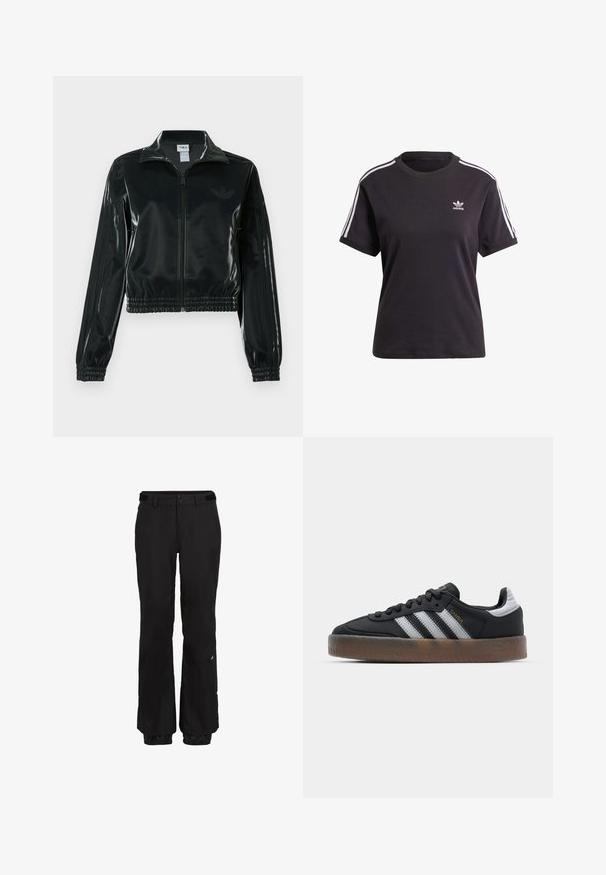 Giacca nera lucida corta con zip frontale, colletto alto e orlo elasticizzato. Presenta tre strisce sulle maniche e un piccolo logo sul petto.; T-shirt corta nera in cotone a maniche corte con collo rotondo, caratterizzata da strisce bianche sulle spalle e un piccolo logo Adidas bianco sul petto.; Pantaloni da neve neri con taglio dritto, vita regolabile, orli rinforzati e dettagli di branding discreti sulla gamba sinistra.; Sneakers neri con un design elegante, caratterizzati da tre strisce bianche, una linguetta nera e una suola in gomma marrone testurizzata. Accenti di scritte dorate.