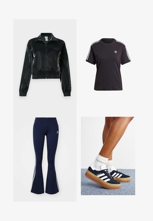 Melna spīdīga īsā jaka ar rāvējslēdzēja priekšpusi, augstu apkakli un elastīgu apakšu. Piedevas ir trīs svītras uz piedurknēm un neliels logotips uz krūtīm.; Melna kokvilnas t-krekls ar īsām piedurknēm un apaļu kakla izgriezumu, ar baltām svītrām uz pleciem un mazu baltu Adidas logo uz krūtīm.; Navy zili uzvalki ar platām kājām, kas izgatavoti no elastīga materiāla, ar baltām sānu strīpām un mazu logotipu priekšā. Gluda tekstūra visā virsmā.; Melnas zamšādas sporta kurpes ar baltām svītrām un akcentiem, apaļa purngala daļa, gumijas zole, kopā ar baltām ribotām sporta zeķēm.