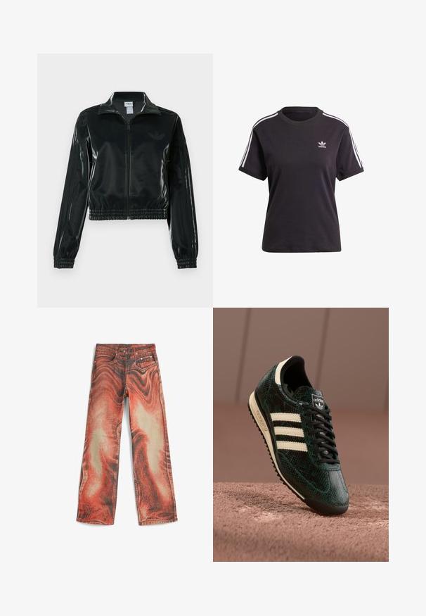 Svart glansig kort jacka med dragkedja framtill, hög krage och elastisk nederkant. Har tre ränder på ärmarna och en liten logga på bröstet.; Svart bomullst-shirt med kort ärm och rund halsringning, prydd med vita ränder på axlarna och en liten vit Adidas-logotyp på bröstet.; Denimjeans med ett djärvt mönster i röd och beige spiral, vida ben, fickor fram och traditionell knapp- och dragkedjestängning.; Grön texturerad sneakersko med ett lädermönster, med tre krämfärgade ränder, svarta skosnören och en svart sula. Klassisk Adidas-logotyp.