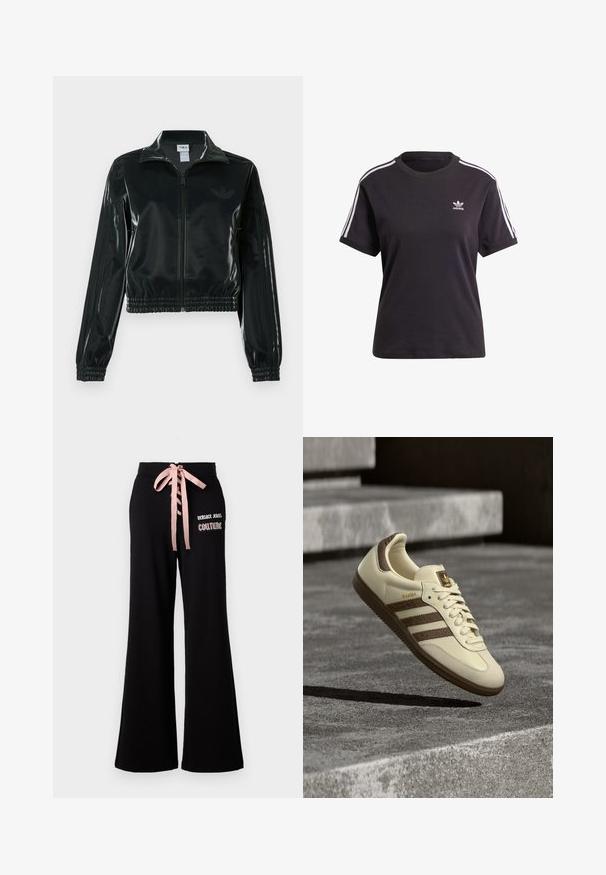 Czarna błyszcząca krótka kurtka na zamek błyskawiczny z przodu, z wysokim kołnierzem i elastycznym wykończeniem na dole. Na rękawach znajdują się trzy paski, a na piersi małe logo.; Czarny bawełniany t-shirt z krótkim rękawem i okrągłym dekoltem, z białymi paskami na ramionach oraz małym białym logo Adidasa na piersi.; Czarne spodnie szerokie z miękkiego materiału, z różową wstążką w talii i logo Versace Jeans Couture z przodu.; Kremowy tenisówka z brązowymi akcentami, teksturowanymi bocznymi paskami i gładkim wykończeniem ze skóry. Posiada sznurowanie i gumową podeszwę.