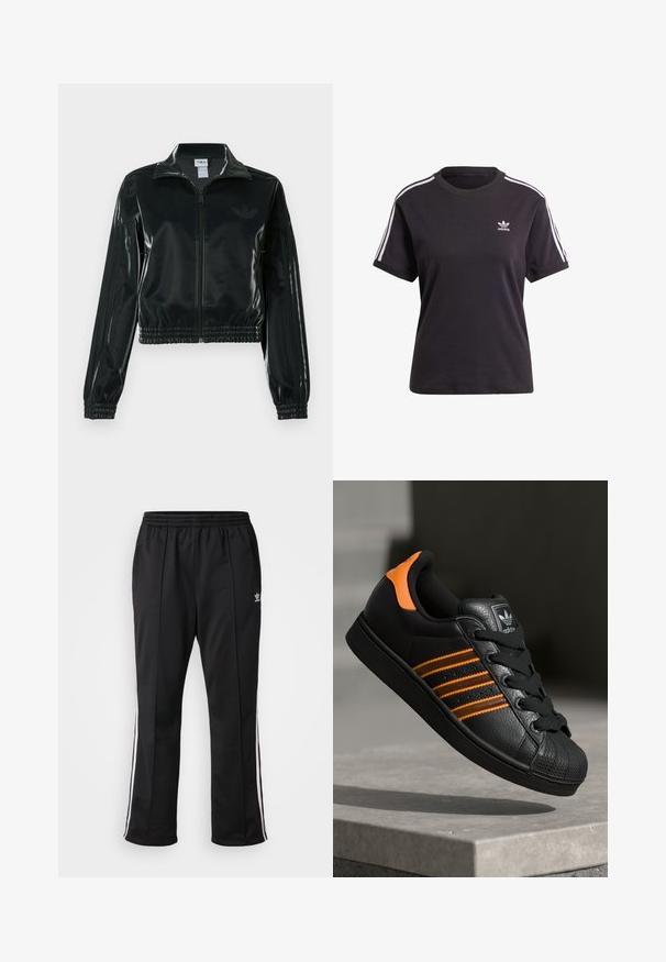 Čierna lesklá skrátená bunda so zipsom vpredu, vysokým golierom a elastickým lemom. Rukávy zdobia tri pruhy a na hrudi je malý logo.; Čierne bavlnené tričko s krátkym rukávom a okrúhlym výstrihom, s bielymi pruhmi na ramienkach a malým bielym logom Adidas na hrudi.; Čierne športové nohavice s elastickým pásom, so bielymi bočnými pruhmi a malým logom na ľavom stehne. Hladká polyesterová tkanina.; Čierne tenisky s oranžovými akcentami, tromi horizontálnymi pruhmi, textúrovaným koženým zvrškom, gumovým ochranným vankúšikom na prstoch a čiernymi šnúrkami.