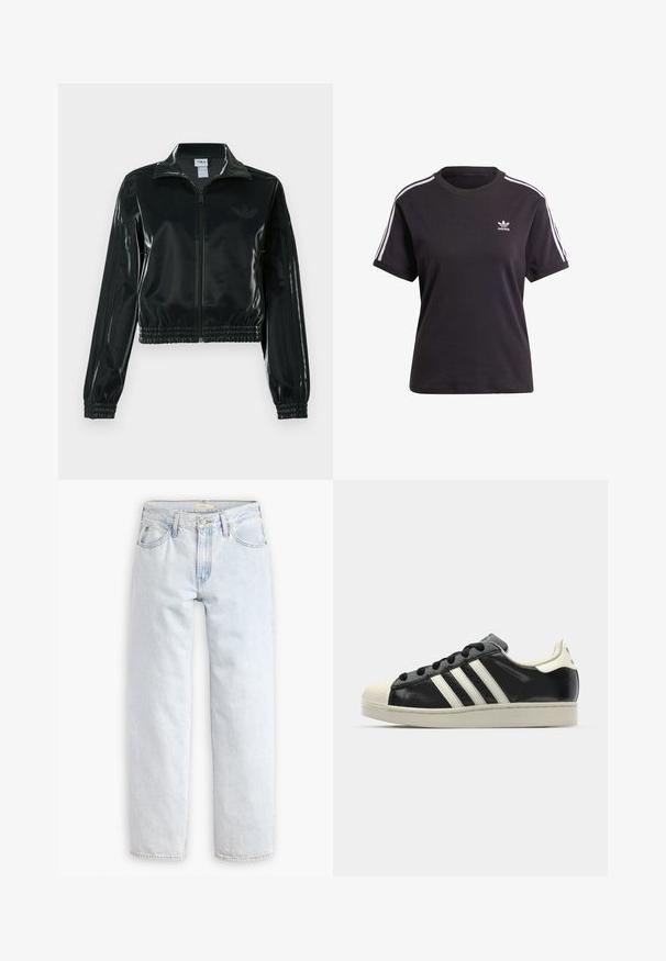 Čierna lesklá skrátená bunda so zipsom vpredu, vysokým golierom a elastickým lemom. Rukávy zdobia tri pruhy a na hrudi je malý logo.; Čierne bavlnené tričko s krátkym rukávom a okrúhlym výstrihom, s bielymi pruhmi na ramienkach a malým bielym logom Adidas na hrudi.; Svetlomodré džíny s rovnými nohavicami a vysokým pásom, obsahujúce päť vreciek, predné zapínanie na gombík a viditeľné švy.; Čierne kožené tenisky s bielymi pruhmi, gumenou špičkou, čiernymi šnúrkami a krémovobielou podrážkou. Hladký povrch s lesklým finišom.