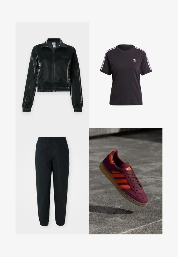 Juoda blizgi trumpa striukė su užtrauktuku priekyje, aukštu apykakliu ir elastine apačia. Rankovėse trys dryžiai ir mažas logotipas ant krūtinės.; Juodas medvilninis trumpa rankovėmis marškinėliai su apvalia iškirpte, su baltais dryžiais ant pečių ir maža balta Adidas logo ant krūtinės.; Juodos siaurėjantys kelnių pagaminti iš lygaus audinio, su elastinga juosmens juosta, raišteliu ir šoninėmis kišenėmis. Elastingi riešai blauzdose.; Bordo zomšo sportbačkės su oranžinėmis juostelėmis ir akcentais, rudais raišteliais ir guminėmis padangomis. Ant liežuvėlio yra logotipo etiketė.