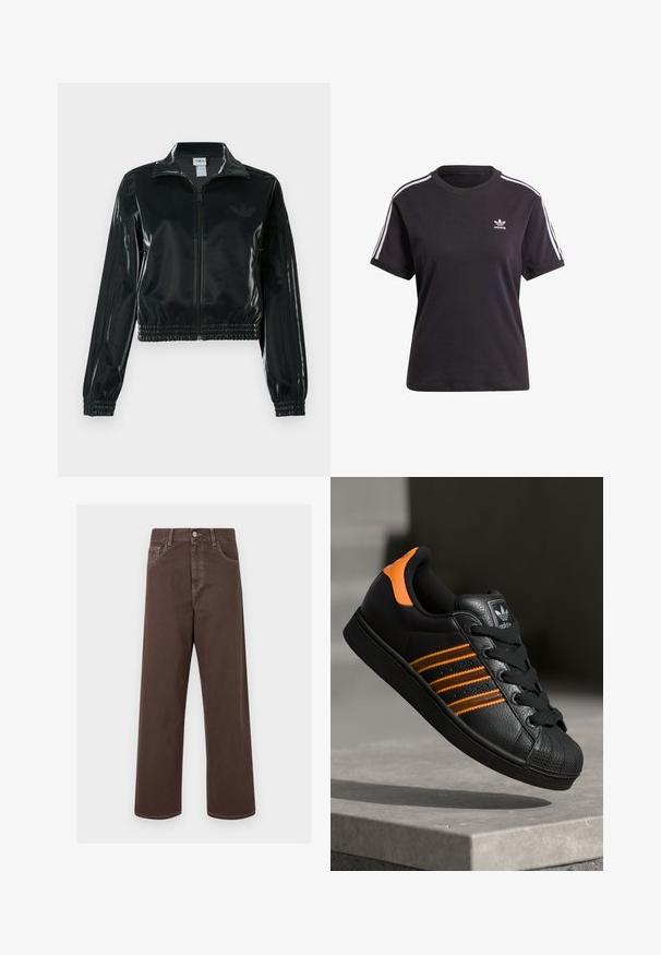 Črno, sijočo kratko jakno z zadrgo spredaj, visokim ovratnikom in elastičnim spodnjim robom. Na rokavih so tri črte, na prsih pa majhen logotip.; Črna bombažna kratkotrajna majica s kratkimi rokavi in okroglim izrezom, ki ima bele črte na ramenih in majhno belo Adidasovo logo na prsih.; Rjave široke jeans hlače z kontrastnim šivom, petimi žepek in kovinskim gumbom za zapiranje. Gladka tekstura, ravno krojenje.; Črne športne copate z oranžnimi akcenti, tremi vodoravnimi črtami, zgornjim delom iz teksturirane usnjene tkanine, gumijastim zaščitnim pokrovom za prste in črnimi vezalkami.