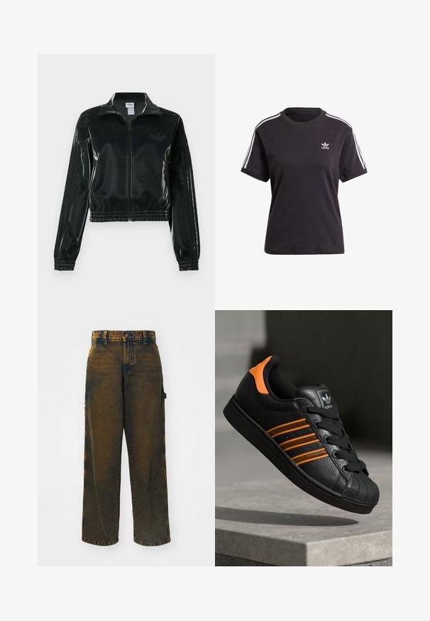 Juoda blizgi trumpa striukė su užtrauktuku priekyje, aukštu apykakliu ir elastine apačia. Rankovėse trys dryžiai ir mažas logotipas ant krūtinės.; Juodas medvilninis trumpa rankovėmis marškinėliai su apvalia iškirpte, su baltais dryžiais ant pečių ir maža balta Adidas logo ant krūtinės.; Plačiai palei kojas džinsai iš džinsinio audinio, kurių spalva yra išblukusi tamsiai ruda su šviesesnėmis akcentais, turi klasikinį penkių kišenių dizainą ir mygtukų užsegimą.; Juodas sportinis batelis su oranžiniais akcentais, trimis horizontaliomis juostelėmis, tekstūruota odinė viršutinė dalis, guminiu nosių dangteliu ir juodomis raišteliais.