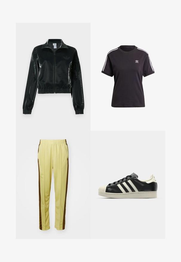 Melna spīdīga īsā jaka ar rāvējslēdzēja priekšpusi, augstu apkakli un elastīgu apakšu. Piedevas ir trīs svītras uz piedurknēm un neliels logotips uz krūtīm.; Melna kokvilnas t-krekls ar īsām piedurknēm un apaļu kakla izgriezumu, ar baltām svītrām uz pleciem un mazu baltu Adidas logo uz krūtīm.; Dzelteni sporta bikses ar gludu audumu, ar brūnām sānu svītrām, elastīgu jostu un divām sānu kabatām.; Melna ādas sporta apava ar baltām svītrām, gumijas purngala aizsardzību, melnām auklām un krēma krāsas zoli. Gluda tekstūra ar spīdīgu apdari.