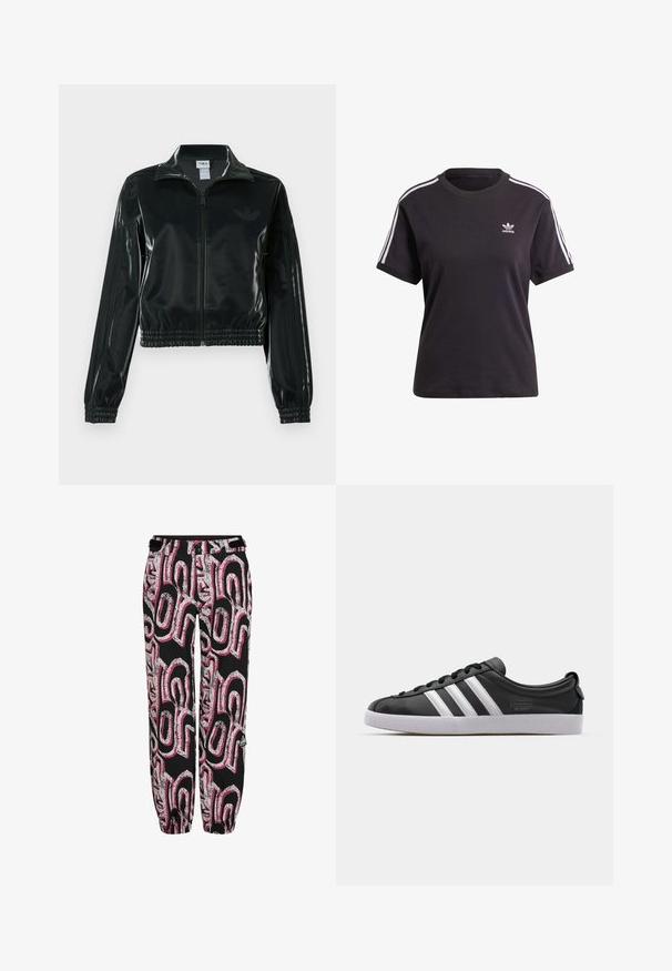 Černá lesklá zkrácená bunda se zipem vpředu, vysokým límcem a elastickým lemem. Má tři pruhy na rukávech a malé logo na hrudi.; Černé bavlněné tričko s krátkým rukávem a kulatým výstřihem, na ramenou s bílými pruhy a malým bílým logem Adidas na hrudi.; Černé kalhoty s odvážným růžovým a stříbrným grafickým vzorem. Vyrobené z lehkého materiálu, s elastickými manžetami a přiléhavým pasem.; Černé kožené tenisky s bílým trojitým pruhovaným designem, kulatou špičkou, plochou bílou gumovou podrážkou a značkovým detailem na boku.