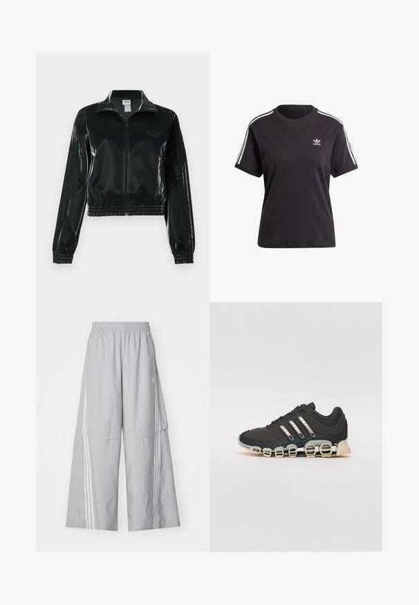 Chaqueta corta negra brillante con cremallera en el frente, cuello alto y dobladillo elástico. Presenta tres rayas en las mangas y un pequeño logo en el pecho.; Camiseta de algodón negra de manga corta con cuello redondo, que presenta rayas blancas en los hombros y un pequeño logo blanco de Adidas en el pecho.; adidas Originals ZIP OFF - Pantalones deportivos - grey two; Zapatilla deportiva negra con parte superior texturizada, tres rayas plateadas y una suela de amortiguación distintiva que presenta múltiples secciones integradas.