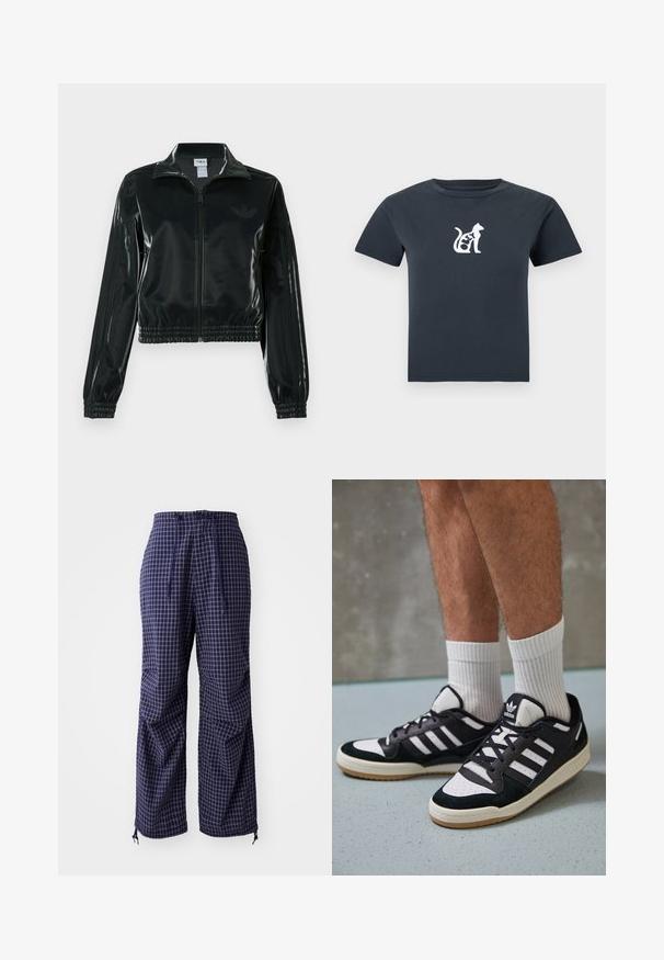 Fekete, fényes rövidített dzseki cipzárral az elején, magas gallérral és elasztikus szegéllyel. Három csík díszíti az ujjakat, és kis logó található a mellrészen.; Sötét szürke, rövid ujjú póló, kis fehér macska grafikával és az "OLEY" szóval, amely a macska testébe van integrálva a mellrészen.; Tengerkék kockás nadrág laza szabással, húzózsinóros derékkal, rugalmas mandzsettákkal és könnyű anyaggal. Kisebb csomó díszítések jellemzik.; Fekete-fehér tornacipők velúr és bőr felsőrésszel, három fehér csíkkal, perforált orral és gumi talppal.