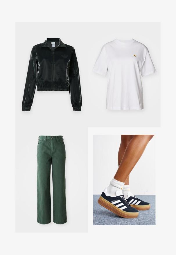 Melna spīdīga īsā jaka ar rāvējslēdzēja priekšpusi, augstu apkakli un elastīgu apakšu. Piedevas ir trīs svītras uz piedurknēm un neliels logotips uz krūtīm.; Balta kokvilnas T-kreklā ar brīvu piegriezumu, īsām piedurknēm un mazu izšūtu logotipu kreisajā krūtīs.; Zaļi platā piegriezuma džinsi, izgatavoti no denima. Iezīmē augsto jostasvietu, taisnās kājas, priekšējos kabatas un metāla pogu aizvēršanu.; Melnas zamšādas sporta kurpes ar baltām svītrām un akcentiem, apaļa purngala daļa, gumijas zole, kopā ar baltām ribotām sporta zeķēm.