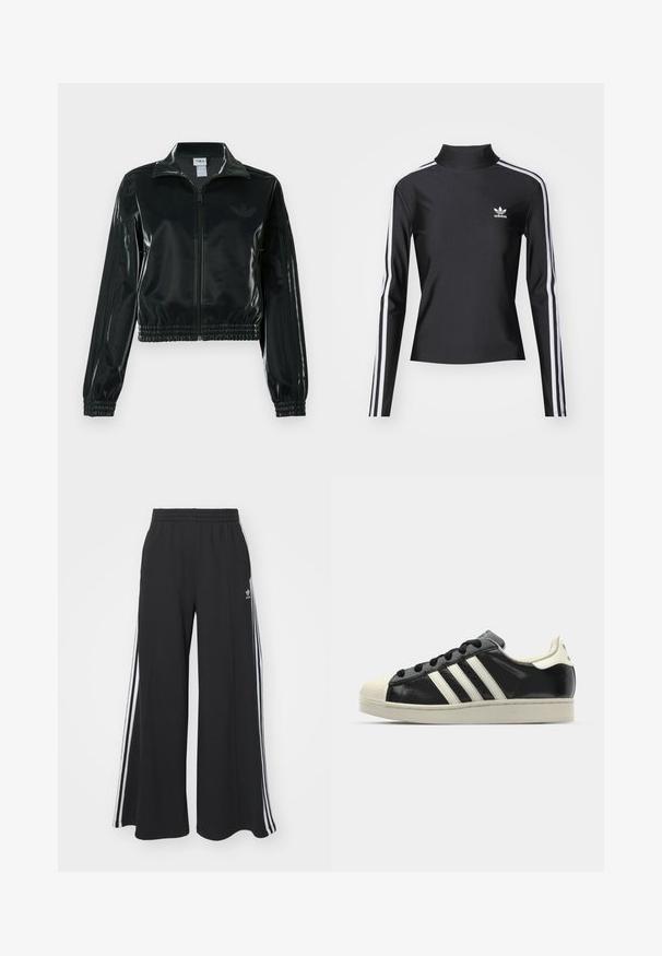 Crna sjajna kratka jakna s patentnim zatvaračem sprijeda, visokim ovratnikom i porubom s elastikom. Na rukavima ima tri pruge i mali logo na prsima.; Crna majica dugih rukava s visokim ovratnikom, izrađena od glatkog materijala. Sadrži bijele bočne pruge i mali bijeli logotip na prsima.; Crne široke trenirke s elastičnim pojasom, s bijelim bočnim trakama i izvezenim logom na lijevom bedru.; Crni kožni tenisice s bijelim prugama, gumeni zaštitni vrh, crne vezice i bijela potplata boje krem. Glatka tekstura s sjajnim završetkom.