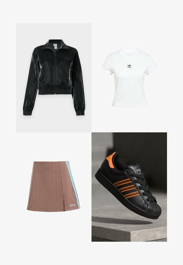 Čierna lesklá skrátená bunda so zipsom vpredu, vysokým golierom a elastickým lemom. Rukávy zdobia tri pruhy a na hrudi je malý logo.; Biela bavlnená tričko s krátkymi rukávmi a okrúhlym výstrihom. Na hrudi je vytlačené čierne logo Adidas. Jednoduchý, minimalistický dizajn.; Hnedá plisovaná sukňa šortky s modrými bočnými pruhmi a logom. Má čistý dizajn, jemnú textúru a rovný lem.; Čierne tenisky s oranžovými akcentami, tromi horizontálnymi pruhmi, textúrovaným koženým zvrškom, gumovým ochranným vankúšikom na prstoch a čiernymi šnúrkami.