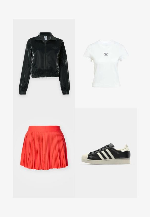 Chaqueta corta negra brillante con cremallera en el frente, cuello alto y dobladillo elástico. Presenta tres rayas en las mangas y un pequeño logo en el pecho.; Camiseta blanca de algodón con mangas cortas y cuello redondo. Presenta un logo negro de Adidas impreso en el pecho. Diseño simple y minimalista.; Falda plisada roja con una cinturilla ancha, hecha de una tela ligera. Presenta pliegues verticales que se extienden por toda la prenda.; Zapatilla de cuero negro con rayas blancas, puntera de goma, cordones negros y suela color crema. Textura suave con acabado brillante.
