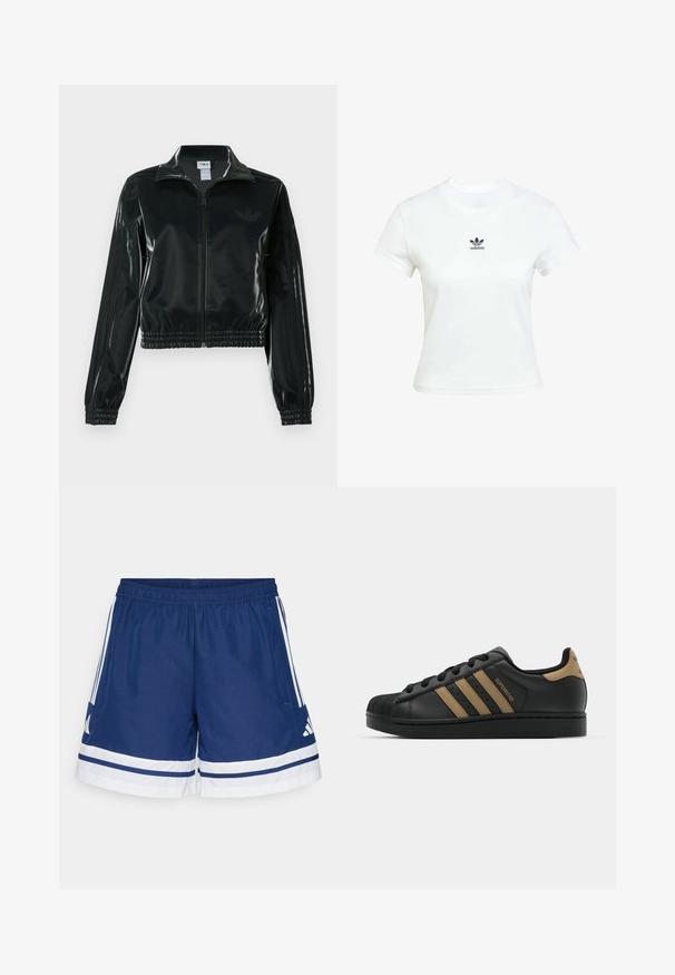 Black glossy cropped jacket with a zip front, high collar, and elasticized hem. Features three stripes on sleeves and a small logo on the chest.; White cotton t-shirt with short sleeves and a crew neckline. Features a black Adidas logo printed on the chest. Simple, minimal design.; Navy athletic shorts with elastic waistband, white accents, and three stripes down each side; made from lightweight, breathable material.; Black leather sneaker with three brown stripes, textured rubber toe cap, lace-up front, and flat black sole. Features a subtle logo on the heel.