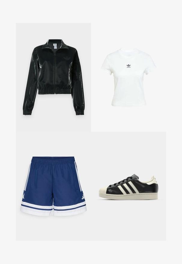 Crna sjajna kratka jakna s patentnim zatvaračem sprijeda, visokim ovratnikom i porubom s elastikom. Na rukavima ima tri pruge i mali logo na prsima.; Bjela pamučna majica kratkih rukava s okruglim izrezom. Ima crni Adidas logo otisnut na prsima. Jednostavan, minimalistički dizajn.; Mornarski atletski šortsevi s elastičnim pojasom, bijelim detaljima i tri pruge s obje strane; napravljeni od laganog, prozračnog materijala.; Crni kožni tenisice s bijelim prugama, gumeni zaštitni vrh, crne vezice i bijela potplata boje krem. Glatka tekstura s sjajnim završetkom.