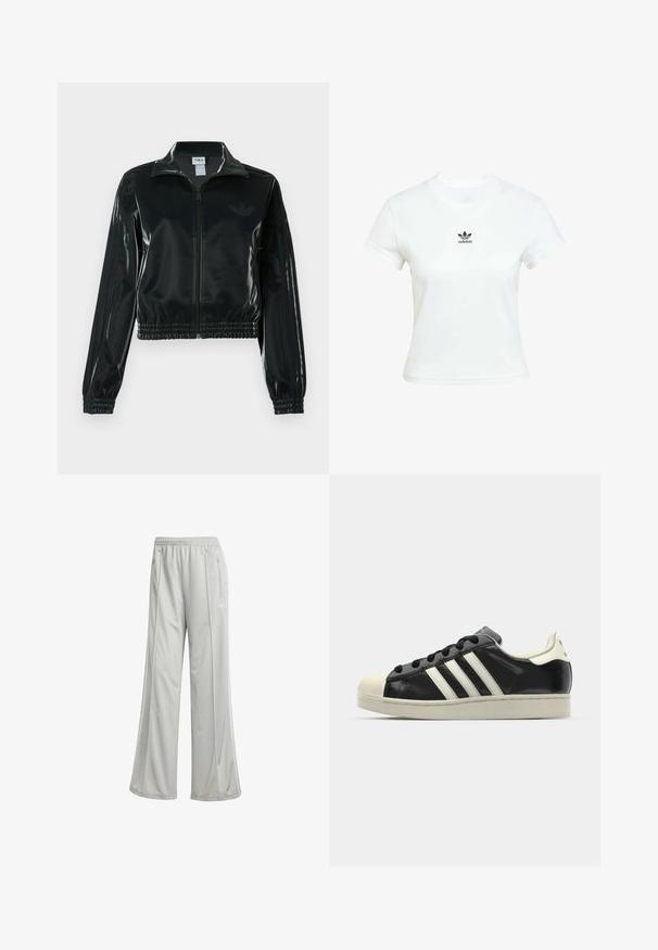 Black glossy cropped jacket with a zip front, high collar, and elasticized hem. Features three stripes on sleeves and a small logo on the chest.; White cotton t-shirt with short sleeves and a crew neckline. Features a black Adidas logo printed on the chest. Simple, minimal design.; Light gray athletic pants with a loose fit, made from smooth, synthetic fabric. Features an elastic waistband and side zip pockets.; Black leather sneaker with white stripes, rubber toe cap, black laces, and a cream-colored outsole. Smooth texture with shiny finish.