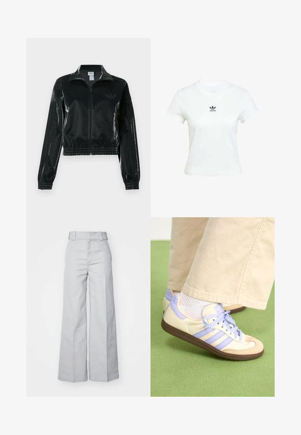 Crna sjajna kratka jakna s patentnim zatvaračem sprijeda, visokim ovratnikom i porubom s elastikom. Na rukavima ima tri pruge i mali logo na prsima.; Bjela pamučna majica kratkih rukava s okruglim izrezom. Ima crni Adidas logo otisnut na prsima. Jednostavan, minimalistički dizajn.; Svijetlosive široke hlače od mješavine pamuka, s visokim strukom, strukturiranim pojasom i vidljivim šavovima.; Kremasto-ljubičaste tenisice s tri pruge i strukturiranim smeškim potplatom, s vezicama i podstavljenim petom. Mekana gornja tkanina.
