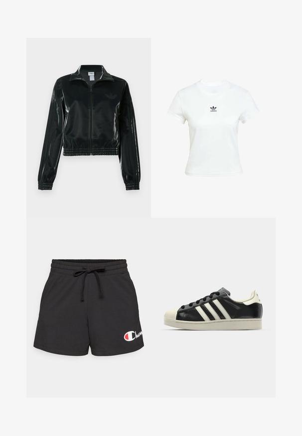 Black glossy cropped jacket with a zip front, high collar, and elasticized hem. Features three stripes on sleeves and a small logo on the chest.; White cotton t-shirt with short sleeves and a crew neckline. Features a black Adidas logo printed on the chest. Simple, minimal design.; Black cotton shorts with an elastic waistband and drawstring. Features a white and red logo on the lower left side. Smooth texture.; Black leather sneaker with white stripes, rubber toe cap, black laces, and a cream-colored outsole. Smooth texture with shiny finish.