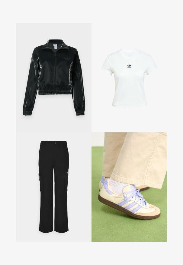 Schwarze glänzende, kurz geschnittene Jacke mit Reißverschluss vorne, hohem Kragen und elastischem Saum. Verfügt über drei Streifen an den Ärmeln und ein kleines Logo auf der Brust.; Weißes Baumwoll-T-Shirt mit kurzen Ärmeln und Rundhalsausschnitt. Verfügt über ein schwarzes Adidas-Logo, das auf der Brust gedruckt ist. Einfaches, minimalistisches Design.; Schwarze Cargo-Hosen aus strapazierfähigem Stoff, ausgestattet mit zwei Seitentaschen, einem Knopfverschluss und einer lockeren Passform mit geraden Beinen.; Cremefarbene und lavendelfarbene Sneakers mit drei Streifen und einer strukturierten braunen Sohle, ausgestattet mit Schnürsenkeln und einer gepolsterten Ferse. Obermaterial aus weichem Stoff.