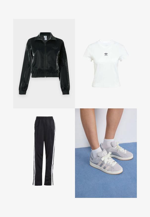 Veste courte noire brillante avec fermeture éclair à l'avant, col montant et ourlet élastiqué. Dotée de trois bandes sur les manches et d'un petit logo sur la poitrine.; T-shirt en coton blanc à manches courtes et encolure ras du cou. Présente un logo Adidas noir imprimé sur la poitrine. Design simple et minimaliste.; Pantalons de jogging noirs avec des rayures latérales blanches, taille élastique et un patch logo. Fabriqués en tissu lisse et léger. Design à jambe droite.; Baskets en suède gris avec des lacets blancs et une semelle en caoutchouc, présentant trois stripes diagonales sur le côté et une étiquette logo sur la languette.