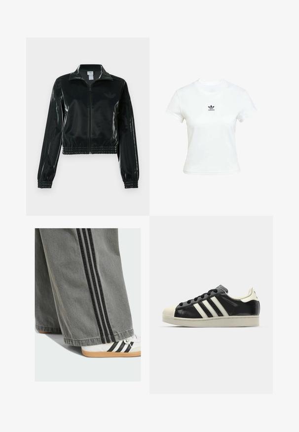 Black glossy cropped jacket with a zip front, high collar, and elasticized hem. Features three stripes on sleeves and a small logo on the chest.; White cotton t-shirt with short sleeves and a crew neckline. Features a black Adidas logo printed on the chest. Simple, minimal design.; Grey wide-leg pants with black side stripes, made of denim. A white sneaker with black stripes and a gum sole is partially visible.; Black leather sneaker with white stripes, rubber toe cap, black laces, and a cream-colored outsole. Smooth texture with shiny finish.