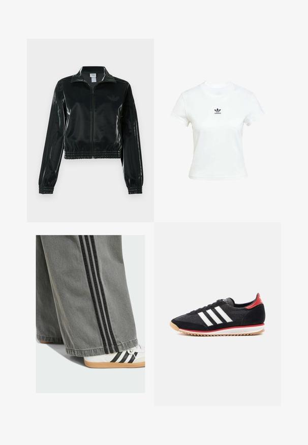 Black glossy cropped jacket with a zip front, high collar, and elasticized hem. Features three stripes on sleeves and a small logo on the chest.; White cotton t-shirt with short sleeves and a crew neckline. Features a black Adidas logo printed on the chest. Simple, minimal design.; Grey wide-leg pants with black side stripes, made of denim. A white sneaker with black stripes and a gum sole is partially visible.; Black athletic shoe with white stripes, suede accents, and a red heel. Mesh texture and rubber sole with a light brown tread.