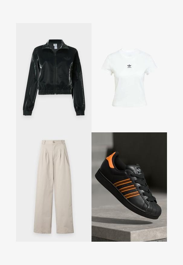 Black glossy cropped jacket with a zip front, high collar, and elasticized hem. Features three stripes on sleeves and a small logo on the chest.; White cotton t-shirt with short sleeves and a crew neckline. Features a black Adidas logo printed on the chest. Simple, minimal design.; Beige wide-leg trousers made of cotton with front pleats, a button closure, belt loops, and a smooth texture.; Black sneaker with orange accents, three horizontal stripes, textured leather upper, rubber toe cap, and black laces.