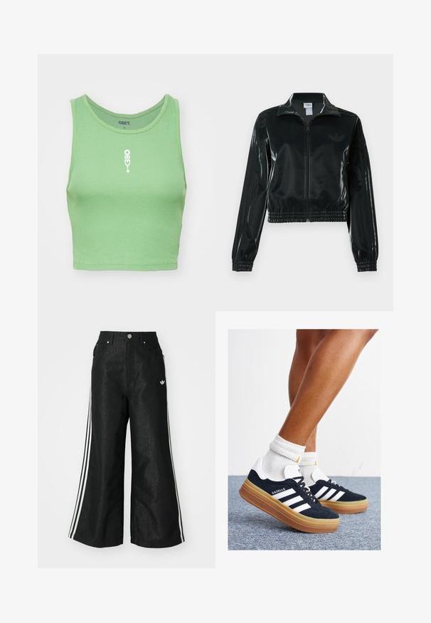 Juoda blizgi trumpa striukė su užtrauktuku priekyje, aukštu apykakliu ir elastine apačia. Rankovėse trys dryžiai ir mažas logotipas ant krūtinės.; Mėtos žalios spalvos raštuotas trumpas švarkelis su apvalia iškirpte. Priekyje centre yra balta "OBEY" logotipas. Audinys turi minkštą, tekstūruotą išvaizdą.; Juodos plačios džinsinės kelnės su trimis baltais juostelėmis kiekvienoje pusėje ir mažu baltu logotipu. Yra priekiniai kišenės ir sagčių užsegimas.; Juodi zomšiniai sportbačiai su baltais dryžiais ir akcentais, apvalios nosies, guminio, gumos pado, derinami su baltais raitytais vidutinio ilgio kojinaitėmis.