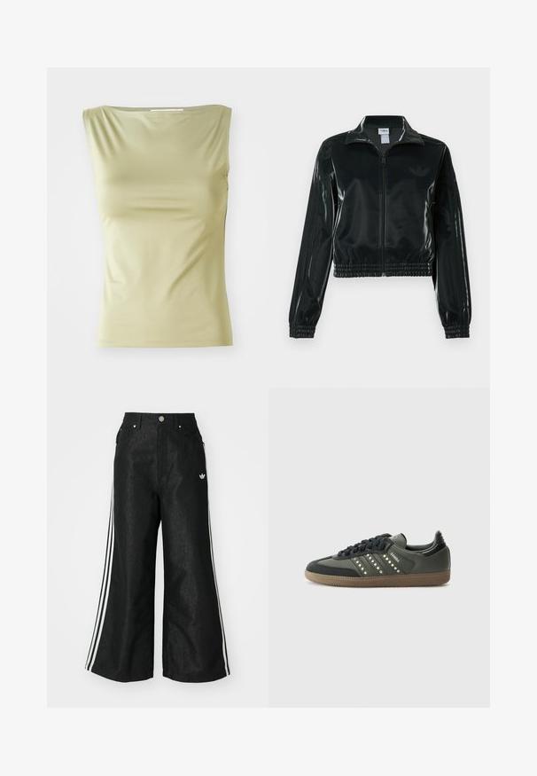 Černá lesklá zkrácená bunda se zipem vpředu, vysokým límcem a elastickým lemem. Má tři pruhy na rukávech a malé logo na hrudi.; Světlý zelený bezramenný top vyrobený z hladké látky, s kulatým výstřihem a přiléhavým střihem s jemnými bočními švy.; Černé široké džíny s třemi bílými pruhy po stranách a malým bílým logem. Obsahují přední kapsy a zapínání na knoflík.; adidas Originals SAMBA OG - Tenisky - core black/legend earth/gum