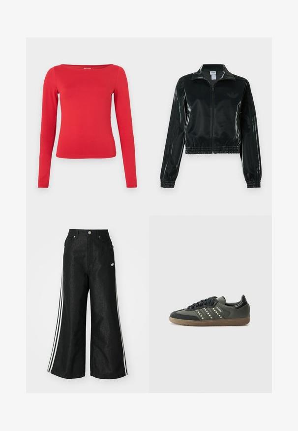 Must läikiv lühike jakk lukuga esiküljel, kõrge krae ja elastse äärega. Varrukatel on kolm triipu ja rinnal väike logo.; Punane pikad varrukad top laiade kaelusega, kehale istuv ja siledast kangast. Valmistatud venivast materjalist mugavuse ja liikumisvabaduse tagamiseks.; Mustad mustadeline denimipüksid, millel on kummalgi küljel kolm valget triipu ja väike valge logo. Omab esikotte ja nööbiga kinnihoidmist.; adidas Originals SAMBA OG - Tossud - core black/legend earth/gum