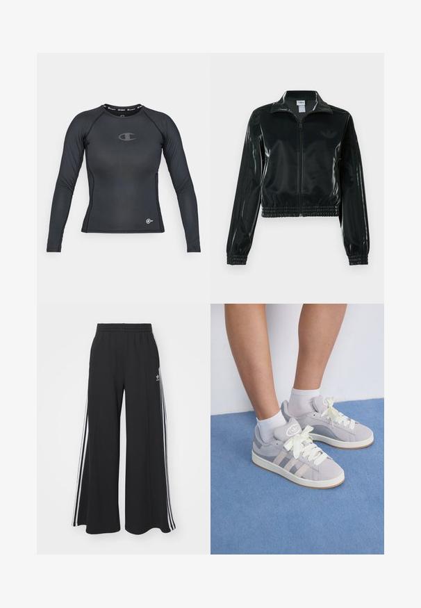 Giacca nera lucida corta con zip frontale, colletto alto e orlo elasticizzato. Presenta tre strisce sulle maniche e un piccolo logo sul petto.; Maglietta atletica nera a maniche lunghe realizzata in materiale elasticizzato, con scollo rotondo e dettagli del logo sul petto e sull'orlo.; Pantaloni in felpa neri a gamba larga con vita elastica, dotati di strisce bianche sui lati e un logo ricamato sulla coscia sinistra.; Sneaker in suede grigio con lacci bianchi e suola in gomma, dotate di tre strisce diagonali sul lato e un'etichetta con logo sulla linguetta.