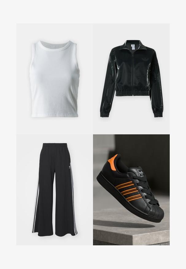 Giacca nera lucida corta con zip frontale, colletto alto e orlo elasticizzato. Presenta tre strisce sulle maniche e un piccolo logo sul petto.; Top a canotta bianco a coste con scollatura rotonda e senza maniche, caratterizzato da un orlo dritto e una texture liscia e elastica.; Pantaloni in felpa neri a gamba larga con vita elastica, dotati di strisce bianche sui lati e un logo ricamato sulla coscia sinistra.; Sneaker nera con accenti arancioni, tre strisce orizzontali, parte superiore in pelle texture, punta in gomma e lacci neri.