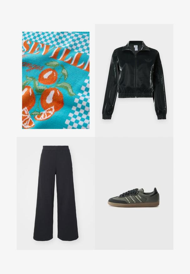 Fekete, fényes rövidített dzseki cipzárral az elején, magas gallérral és elasztikus szegéllyel. Három csík díszíti az ujjakat, és kis logó található a mellrészen.; Türkiz színű kötött anyag narancssárga narancsokkal és zöld levelekkel, kockás mintával és "Sevilla" felirattal narancs- és fehér színben.; Fekete, bő szárú melegítőnadrág, puha anyagból készült, rugalmas derékkal és egy kis logóval a bal oldalon.; adidas Originals SAMBA OG - Sportcipő - core black/legend earth/gum