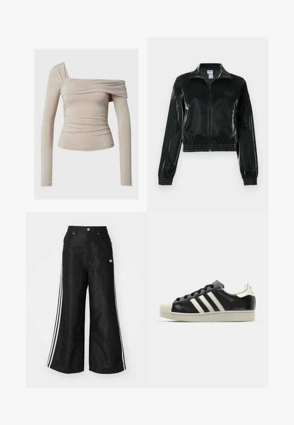 Casaco curto preto brilhante com fecho de correr frontal, gola alta e bainha elástica. Apresenta três riscas nas mangas e um pequeno logotipo no peito.; Blusa de manga longa bege com um design off-the-shoulder, apresentando uma textura franzida e uma silhueta ajustada. Tecido suave e elástico.; Calças de denim largas pretas com três riscas brancas em cada lado e um pequeno logótipo branco. Apresenta bolsos frontais e um fecho de botão.; Sapatilha de couro preto com riscas brancas, biqueira de borracha, atacadores pretos e sola na cor creme. Textura suave com acabamento brilhante.