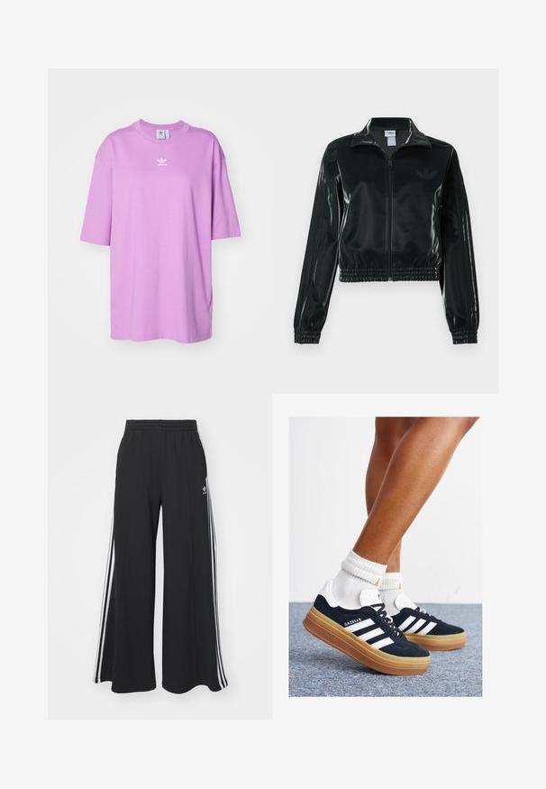 Casaco curto preto brilhante com fecho de correr frontal, gola alta e bainha elástica. Apresenta três riscas nas mangas e um pequeno logotipo no peito.; adidas Originals TEE - T-shirt básica - preloved purple; Calças de suor largas e pretas com uma cintura elástica, apresentando riscas brancas nas laterais e um logótipo bordado na coxa esquerda.; Ténis de camurça preta com riscas e detalhes brancos, biqueira arredondada, sola em borracha cor de goma, combinados com meias brancas caneladas até à altura do tornozelo.