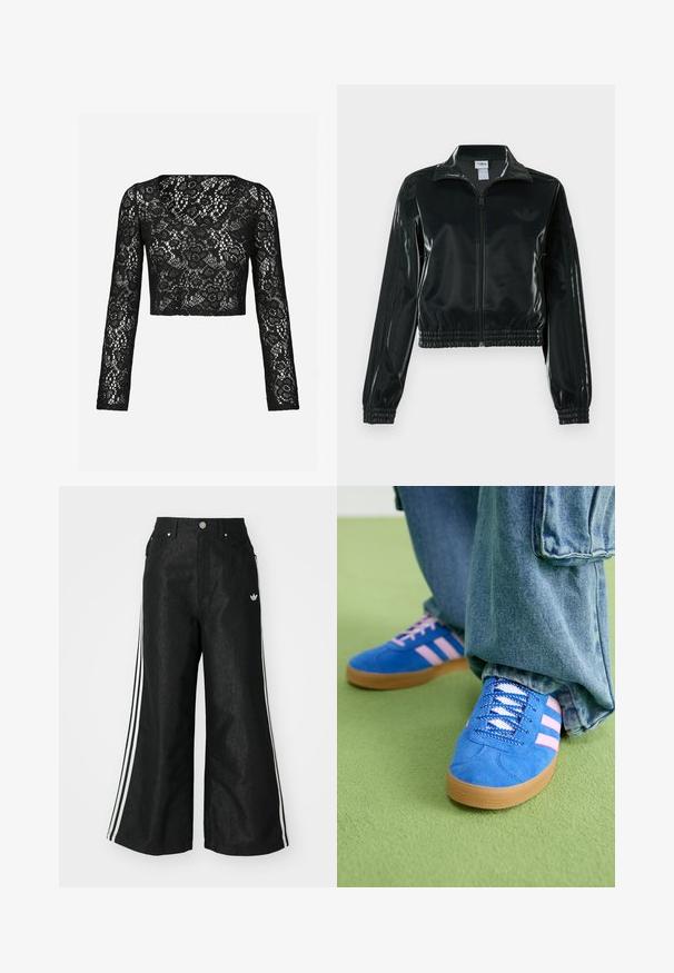 Schwarze glänzende, kurz geschnittene Jacke mit Reißverschluss vorne, hohem Kragen und elastischem Saum. Verfügt über drei Streifen an den Ärmeln und ein kleines Logo auf der Brust.; Schwarzes Spitzen-Crop-Top mit langen Ärmeln, das ein filigranes florales Muster und einen Rundhalsausschnitt aufweist. Weicher Stoff mit transparenter Optik.; Schwarze, weit geschnittene Jeans mit drei weißen Streifen an jeder Seite und einem kleinen weißen Logo. Mit vorderen Taschen und einem Knopfverschluss.; Blaue Wildlederschuhe mit rosa Streifen und weißen Schnürsenkeln, ausgestattet mit einer Gummisohle, kombiniert mit lockeren Jeanshosen auf einer grünen Fläche.