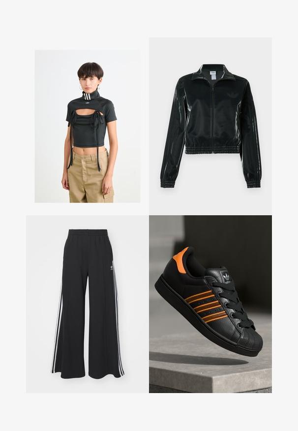 Casaco curto preto brilhante com fecho de correr frontal, gola alta e bainha elástica. Apresenta três riscas nas mangas e um pequeno logotipo no peito.; Mulher com cabelo curto e escuro, vestindo um top preto cropped com recortes e laços, calças bege e brincos de argola, contra um fundo branco liso.; Calças de suor largas e pretas com uma cintura elástica, apresentando riscas brancas nas laterais e um logótipo bordado na coxa esquerda.; Sapatilha preta com detalhes laranja, três riscas horizontais, parte superior em couro texturizado, bico de borracha e atacadores pretos.