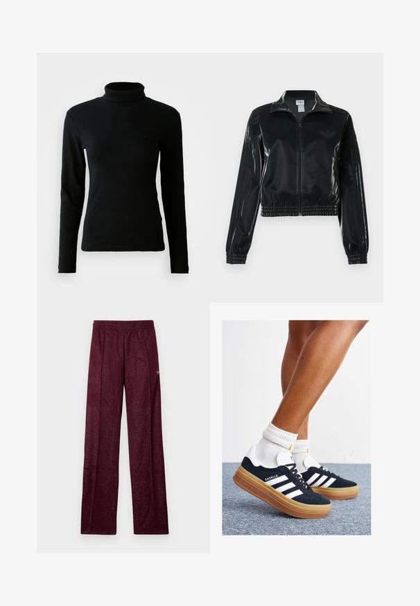 Casaco curto preto brilhante com fecho de correr frontal, gola alta e bainha elástica. Apresenta três riscas nas mangas e um pequeno logotipo no peito.; Sweater de gola alta, de manga longa e canelado, na cor preta, com silhueta ajustada, contra um fundo branco liso.; Calças de treino em borgonha feitas de um tecido texturado, com um cós elástico e costuras laterais para um design de pernas retas.; Ténis de camurça preta com riscas e detalhes brancos, biqueira arredondada, sola em borracha cor de goma, combinados com meias brancas caneladas até à altura do tornozelo.