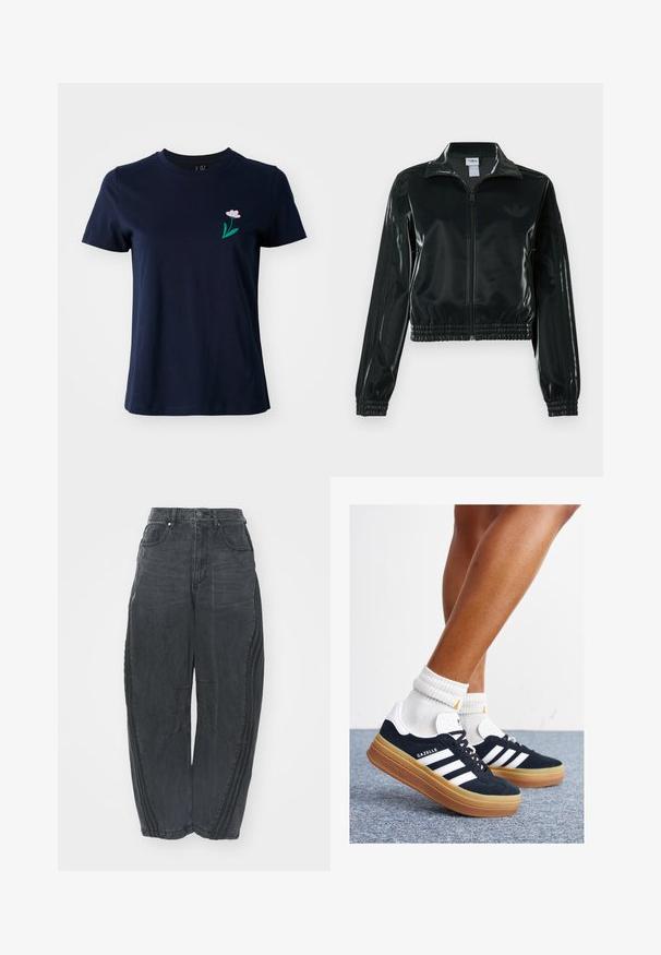 Black glossy cropped jacket with a zip front, high collar, and elasticized hem. Features three stripes on sleeves and a small logo on the chest.; Navy blue cotton t-shirt with short sleeves. Features a small pink flower embroidered on the left chest, surrounded by green leaves.; Baggy black denim jeans with a faded finish, five pockets, a waist button closure, and stitched detailing on the front and sides.; Black suede sneakers with white stripes and accents, rounded toe, gum rubber outsole, paired with white ribbed crew socks.